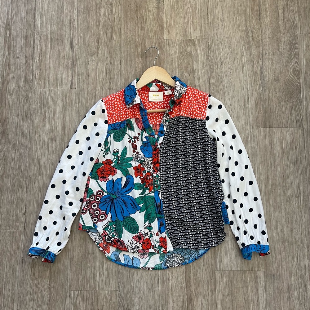 Maeve Anthropologie Mixed Print Patchwork Button Front Blouse Petite